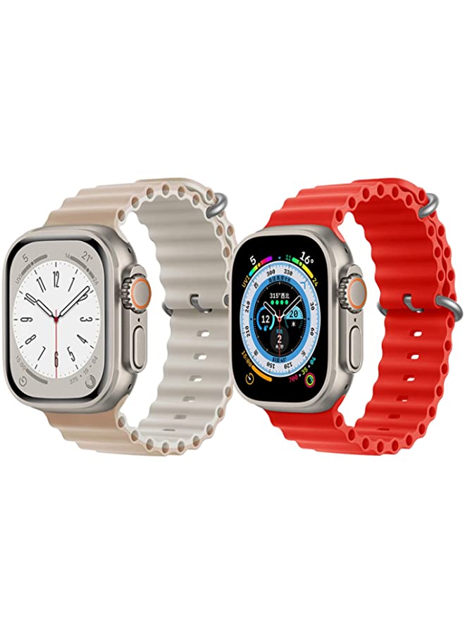 IAF Silicone Ocean Band Strap for Apple Watch Ultra 8 49mm Beige/White Double Side Strap with Red Single Color Strap Set of 2