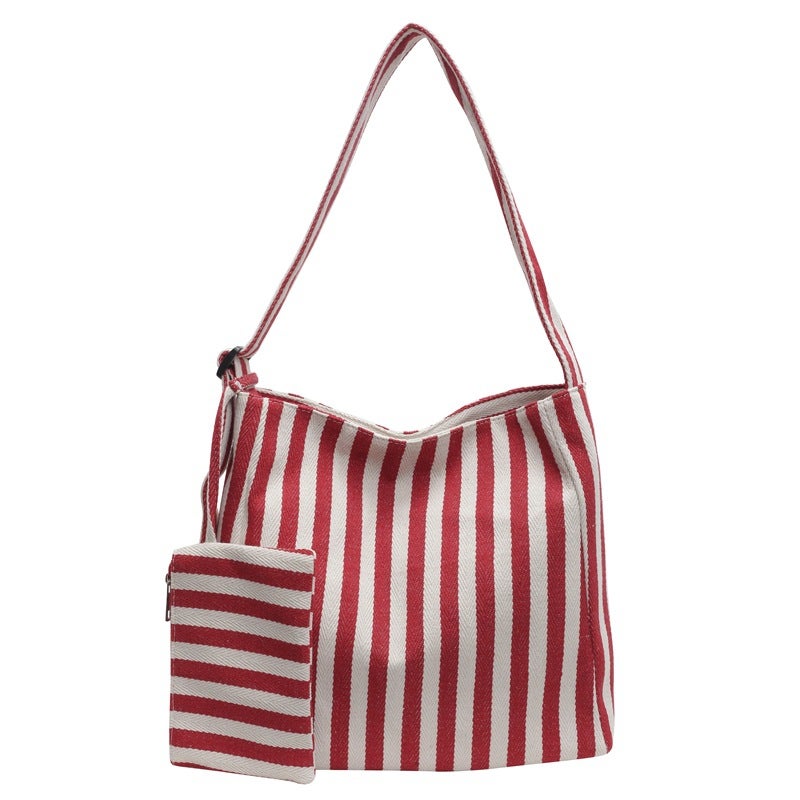 Korean Style Lazy Style Striped Canvas Bag Artistic Fashion Commuter Shoulder Bag Travel Shopping Bag Crossbody Bag Tote Bag - Image 1