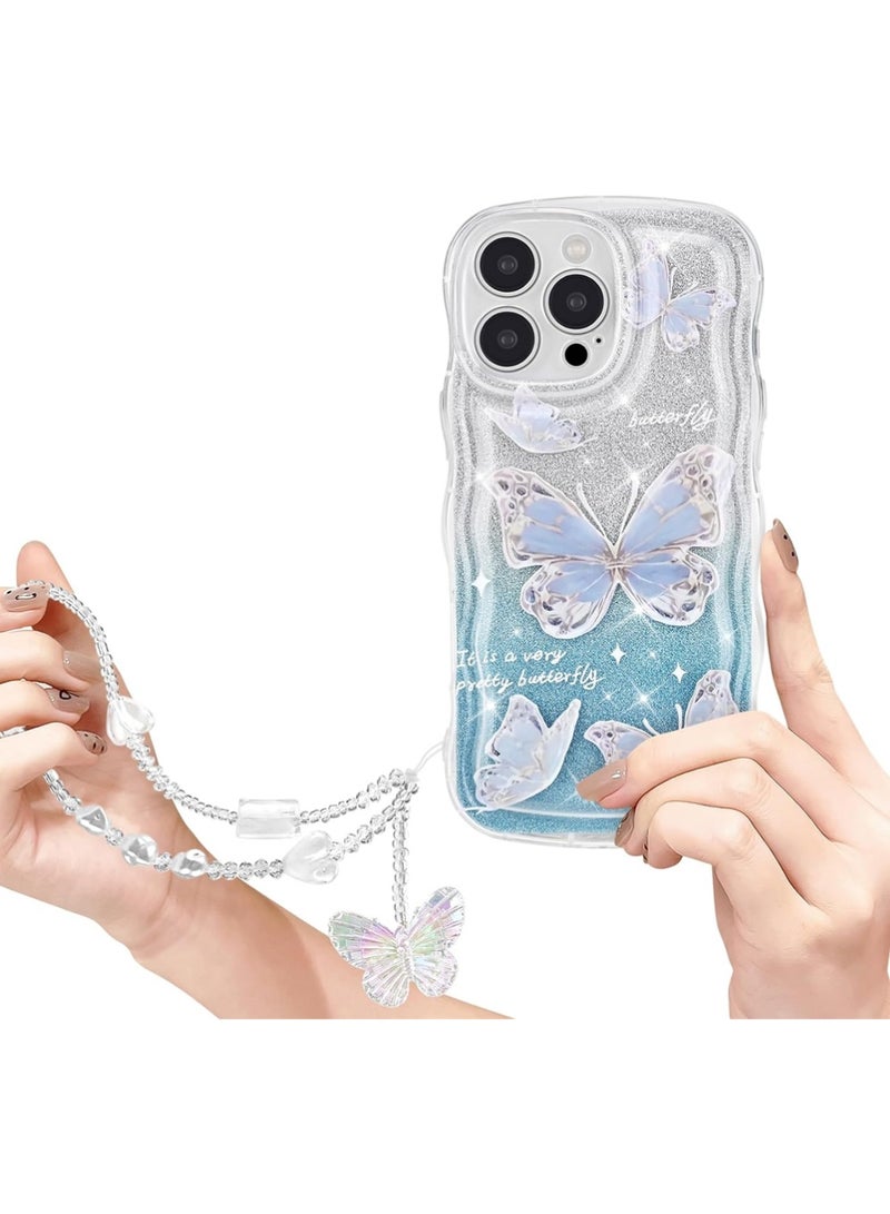 iPhone 16 Pro Case Cover erfly Pattern with Camera Len Protector Beaded Lanyard Wrist Anti-drop Strap for Women Girls,Soft TPU Full Protective Cover Back Comfortable Touch Feeling Accessory - Image 1