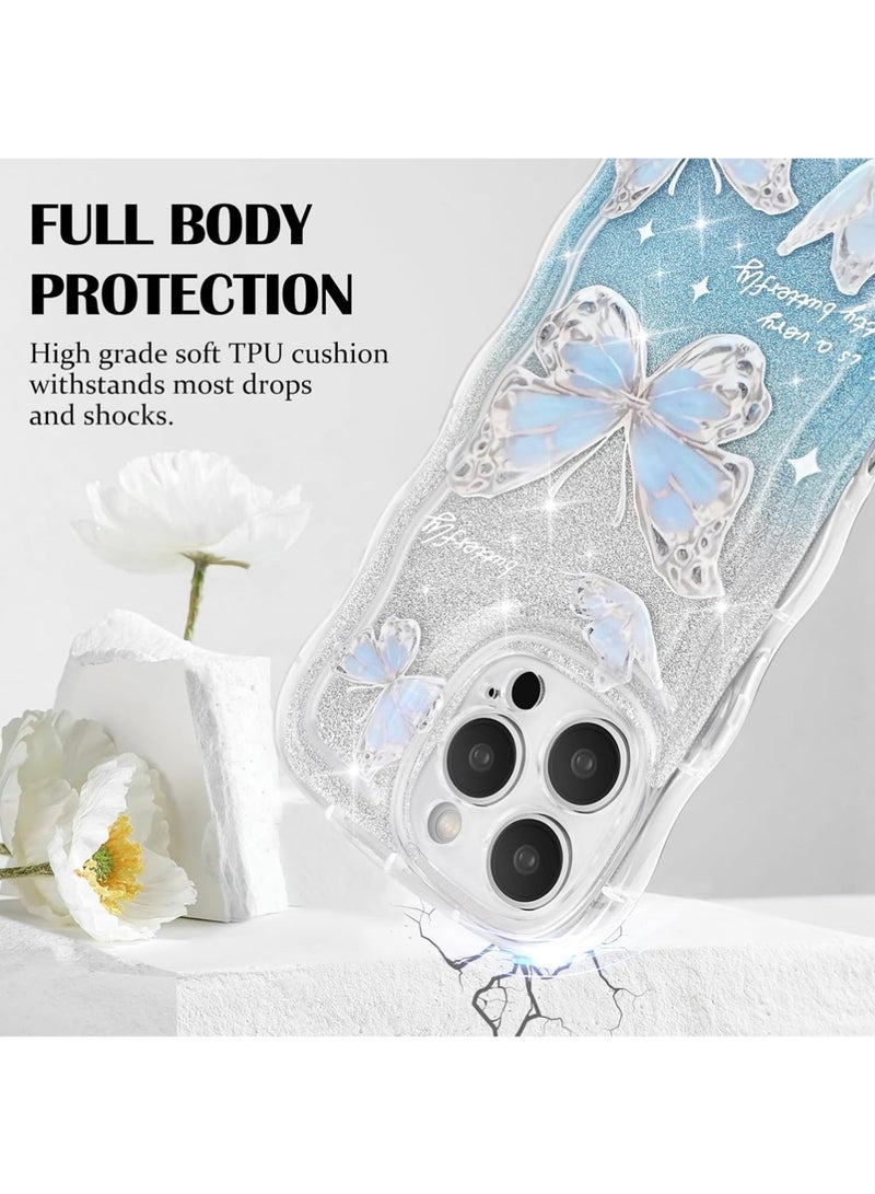 iPhone 16 Pro Case Cover erfly Pattern with Camera Len Protector Beaded Lanyard Wrist Anti-drop Strap for Women Girls,Soft TPU Full Protective Cover Back Comfortable Touch Feeling Accessory - Image 3