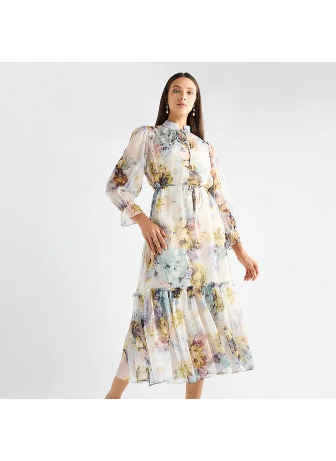 FAV All-Over Floral Print Mandarin Collar Dress with Volume Sleeves and Flounce Hem