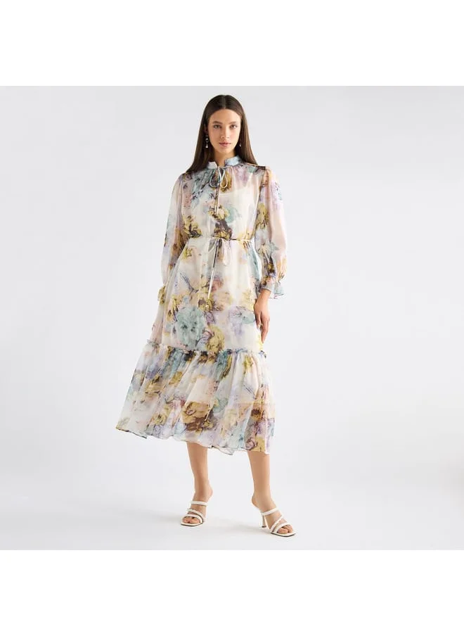 FAV All-Over Floral Print Mandarin Collar Dress with Volume Sleeves and Flounce Hem