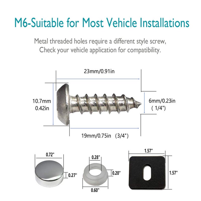 Aootf Stainless Steel License Plate Screws-8PC M6X20mm Rust Resistant Stainless Steel Screw, Self Tapping Car Tag Bolt Fastener for Securing Number Plate Frame, Chrome Caps, Anti-Rattle Pad - Image 3