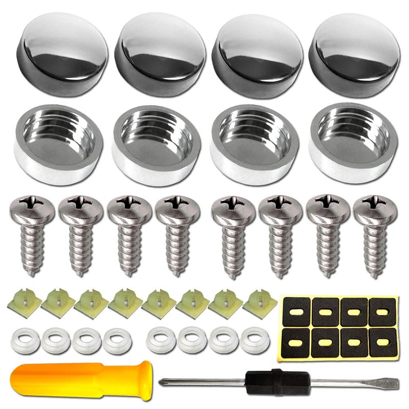 Aootf Stainless Steel License Plate Screws-8PC M6X20mm Rust Resistant Stainless Steel Screw, Self Tapping Car Tag Bolt Fastener for Securing Number Plate Frame, Chrome Caps, Anti-Rattle Pad - Image 1