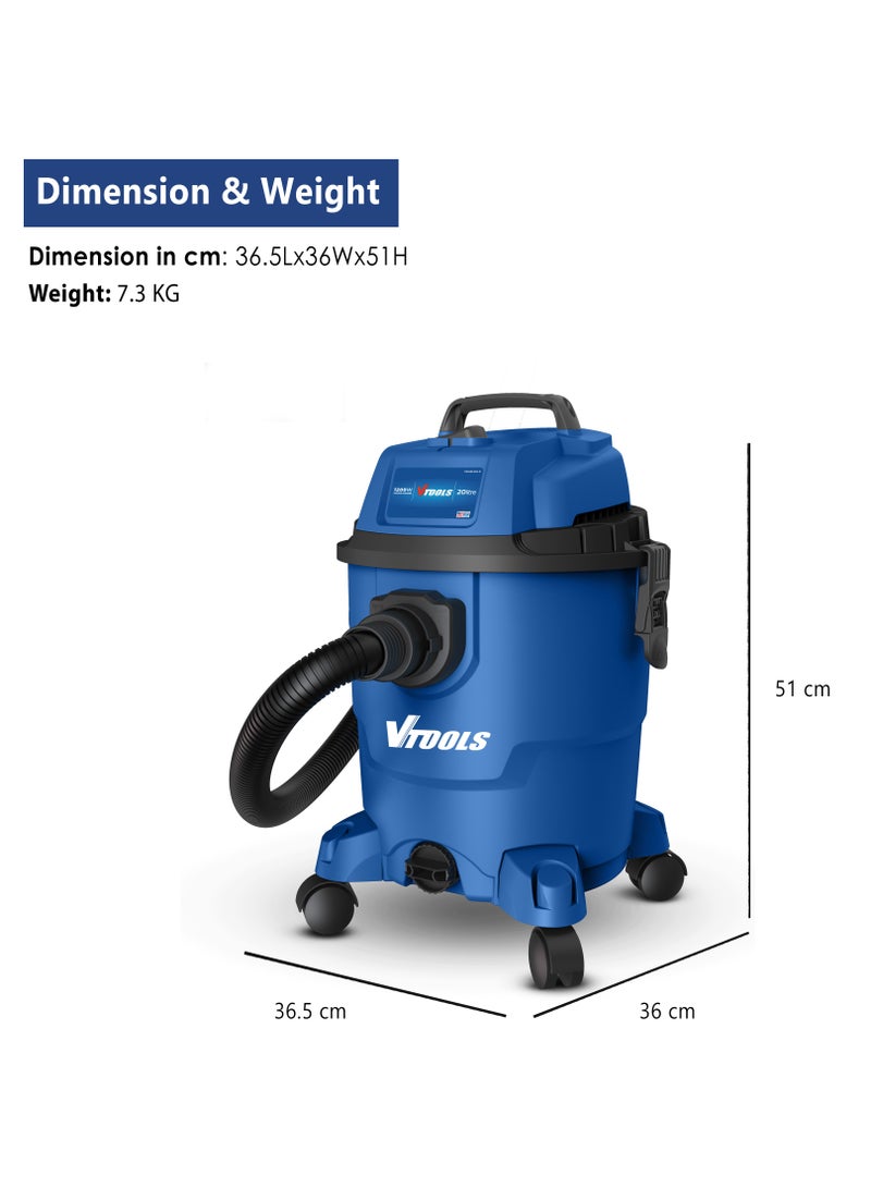 في تولز مكنسة كهربائية VTOOLS سعة 20 لترًا للتنظيف الجاف والرطب بقوة 1200 وات مع خاصية شفط قوية ووظيفة تصريف - Image 2