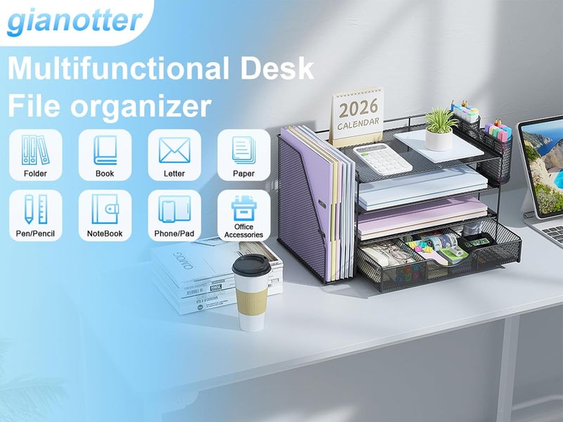 gianotter 4-Tier Desk Organizer with Drawers, File Holders, Letter Trays, and Pen Holders - Workspace Accessories for Office Supplies (Black) - Image 4