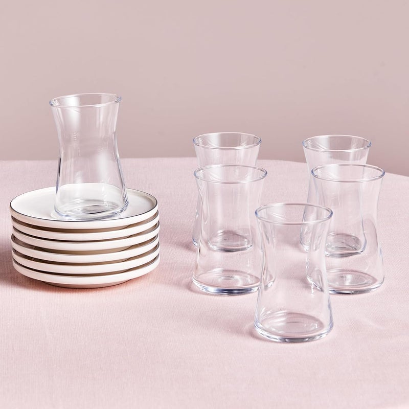 Karaca طقم أكواب الشاي التركية ستريملاين 12 قطعة لـ 6 أشخاص، أكواب شاي تركية سعة 5.75 أونصة، زجاج متين بتفاصيل بلاتينية وصحون بيضاء - Image 5