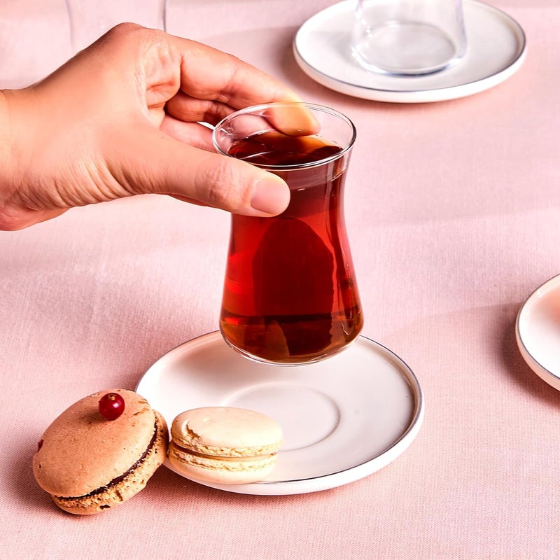 Karaca طقم أكواب الشاي التركية ستريملاين 12 قطعة لـ 6 أشخاص، أكواب شاي تركية سعة 5.75 أونصة، زجاج متين بتفاصيل بلاتينية وصحون بيضاء - Image 4