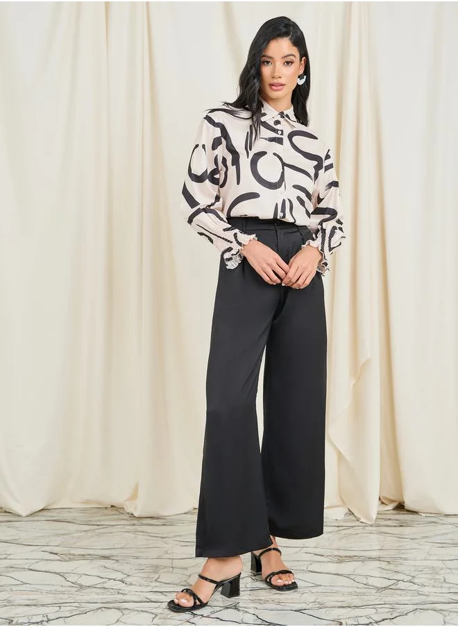 ستايلي Abstract Print Smocked Cuff Sleeve Shirt