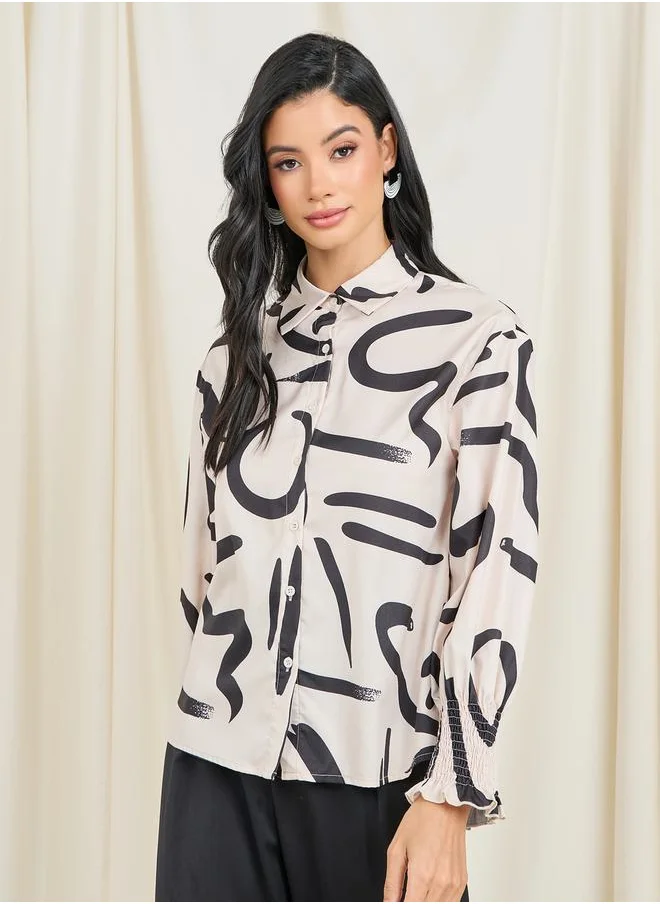 ستايلي Abstract Print Smocked Cuff Sleeve Shirt