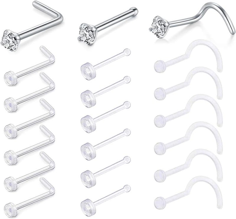 D.Bella Clear Nose Rings: 18G Retainer & 20G Hoop, Flexible Acrylic Piercing Kit for Work & Surgery - Image 1