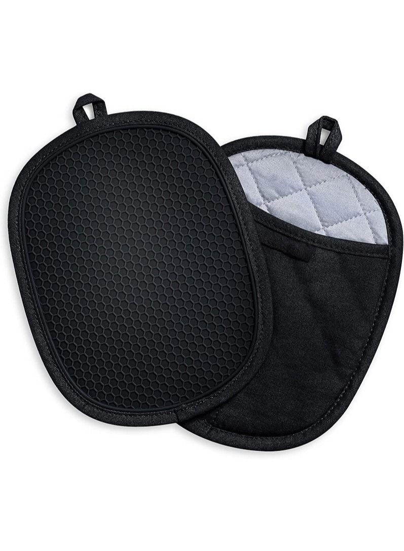 Silicone Pot Holders Sets, Heat Resistant Oven Hot Pads with Pockets Non-Slip Grip Large Potholders for Kitchen Baking Cooking | Quilted Liner 9.8 x 7.6 Inches Gray Pack of 2 
