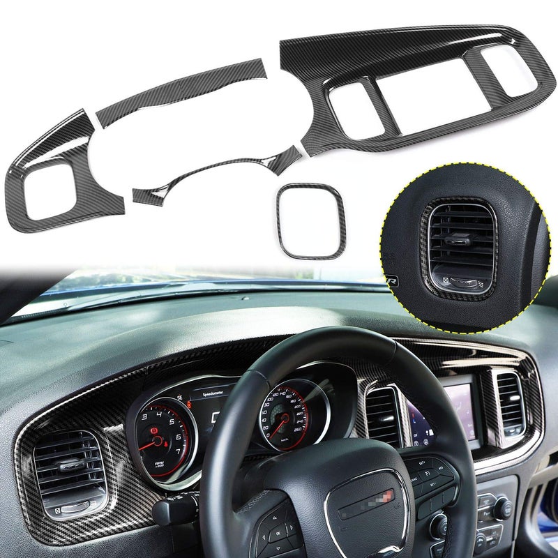 JWWY for Charger Center Consoles Dash Board Dashboard Instrument Gauge Cluster Dash Fascia Trim Panel Garnish Bezel for 20152025 Dodge Charger Interior Accessories ABS Carbon Fiber 5pcs