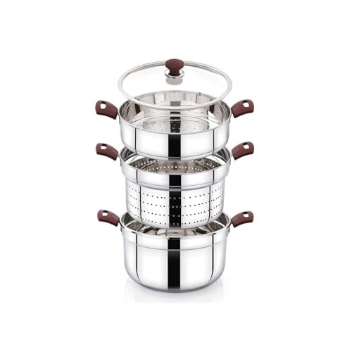 Praylady Triply Base Multi Purpose Cookpot 22 cm | 4.0 L | Triply S.S. | Glass Lid | Steamer & Strainer | Idli Plates | Dhokla | Momos | Pasta | Biryani | Heat-Resistant Handles | Induction & Gas - Image 1
