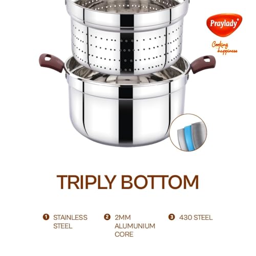 Praylady Triply Base Multi Purpose Cookpot 22 cm | 4.0 L | Triply S.S. | Glass Lid | Steamer & Strainer | Idli Plates | Dhokla | Momos | Pasta | Biryani | Heat-Resistant Handles | Induction & Gas - Image 5