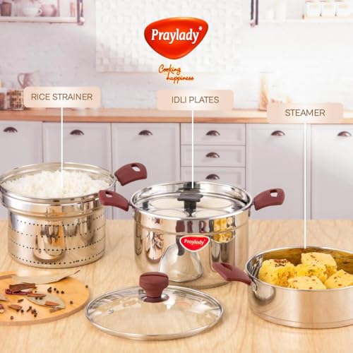 Praylady Triply Base Multi Purpose Cookpot 22 cm | 4.0 L | Triply S.S. | Glass Lid | Steamer & Strainer | Idli Plates | Dhokla | Momos | Pasta | Biryani | Heat-Resistant Handles | Induction & Gas - Image 3