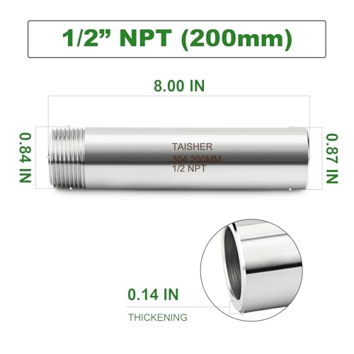 TAISHER 2PCS 304 Stainless Steel Pipe Fittings 12 NPT Male Threaded 8 Length Weld Nipple Cast Pipe - Image 3