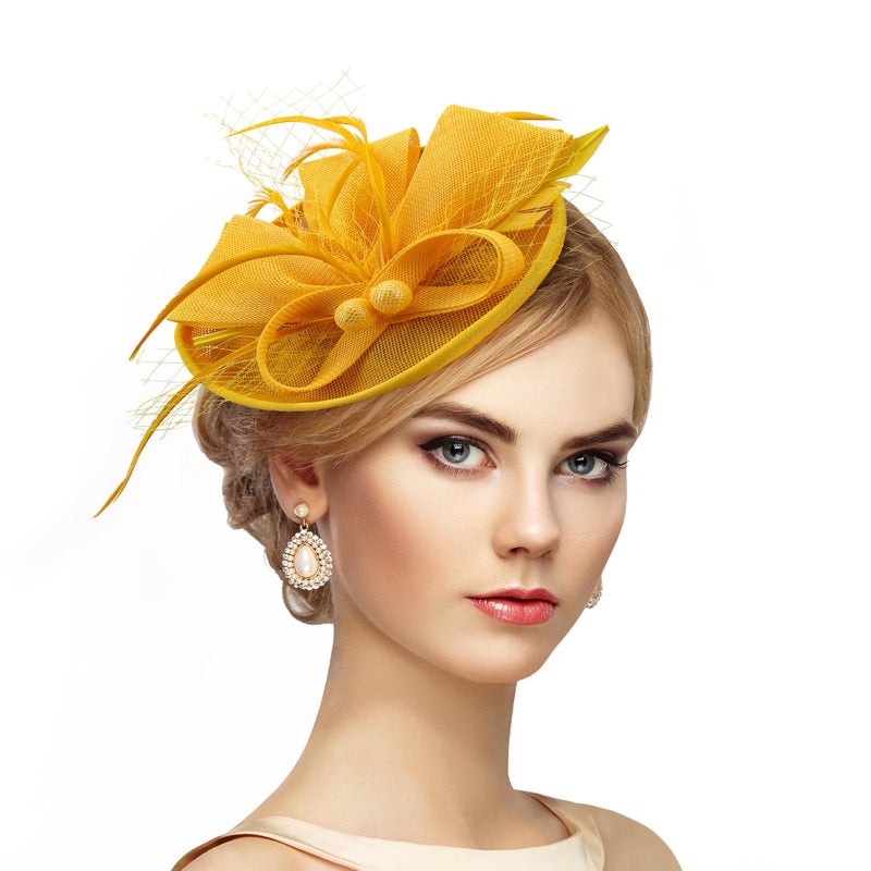 Zinniday Mini Women Fascinator Hat - Yellow Kentucky Pillbox Derby Headwear Tea Party Hat Beautiful Costume Headdress for Lady Women Girls Holiday Event Party Costume - Image 1
