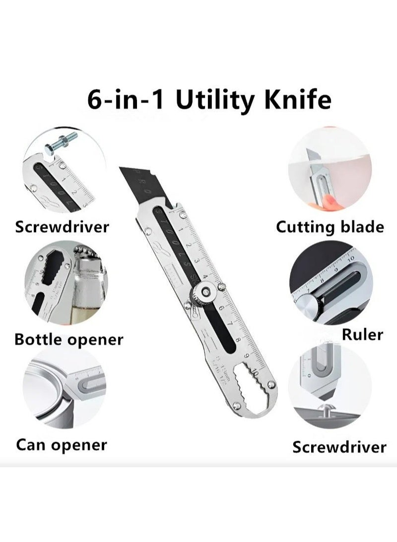 6-in-1 Mutipurpose Utility Knife, Heave Duty Full Stainless Steel, Retractable Knives Letter Cutter Can Opener Dimensions Measuring , Portable Utility Knives For Kitchen Multi-functional Extended Razor Knife for Office, Home,School - Image 1