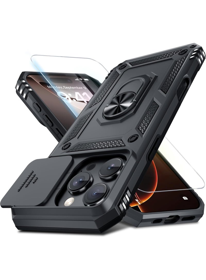 جراب لهاتف iPhone 16 Pro Max مع غطاء منزلق للكاميرا، حامل حلقي دوار 360 درجة، حماية كاملة مقاومة للصدمات، هيكل PC وTPU، مقاوم للخدوش، مع واقي شاشة - Image 1