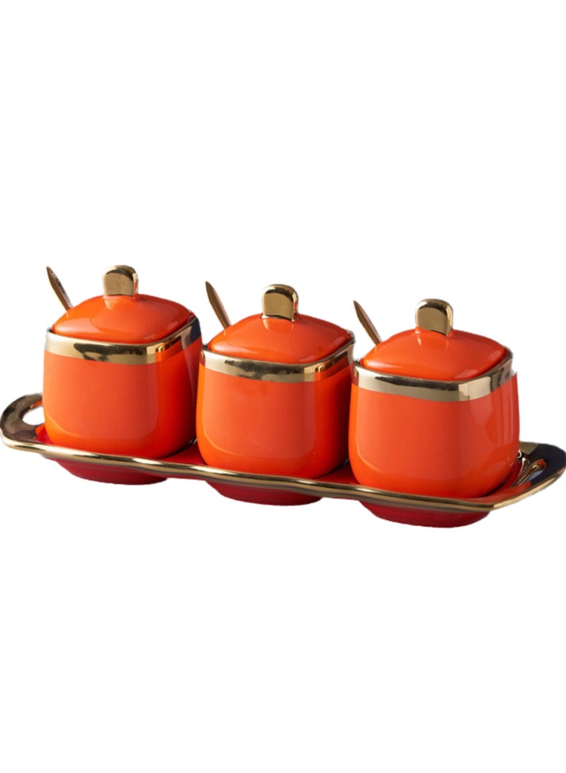 Light Luxury Golden Frame Ceramic Spice Jar Kitchen Supplies Spice Jar set Household Spice Box Three-piece Set(Orange)  - Image 1