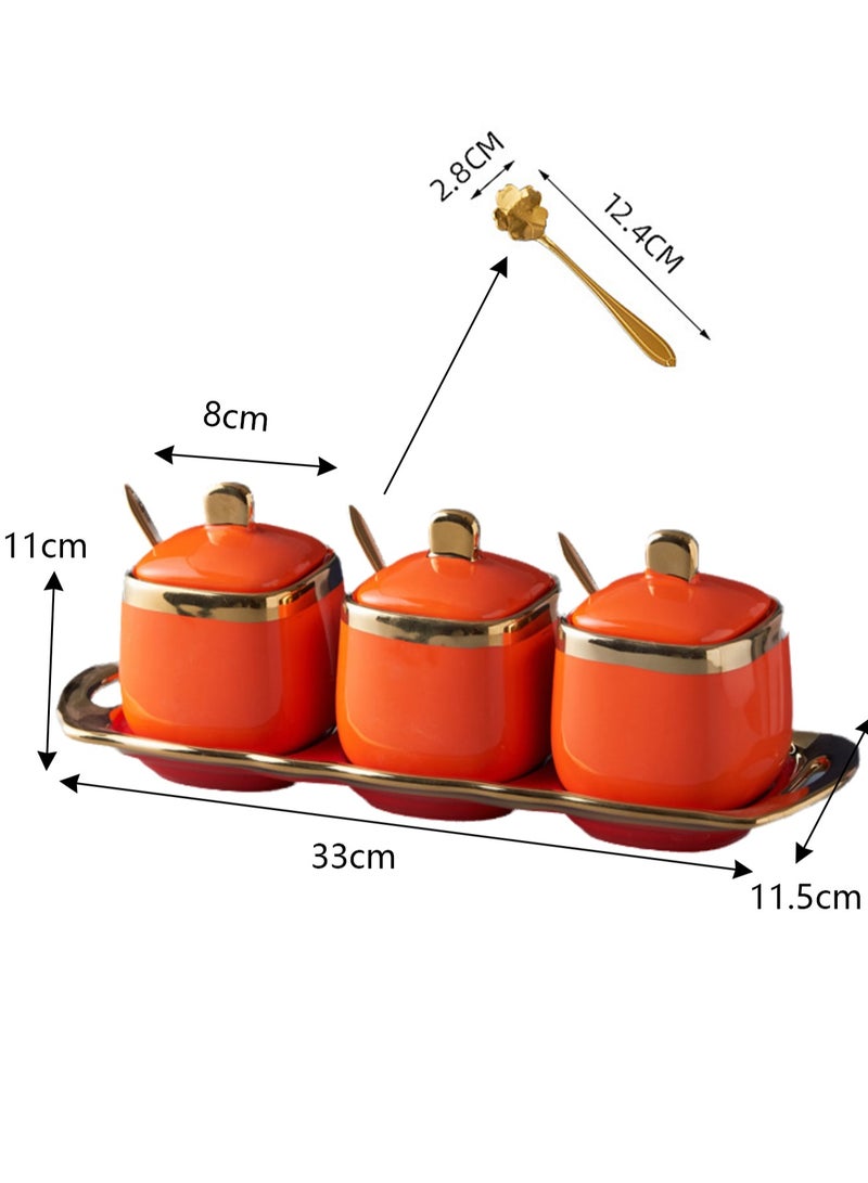 Light Luxury Golden Frame Ceramic Spice Jar Kitchen Supplies Spice Jar set Household Spice Box Three-piece Set(Orange)  - Image 2