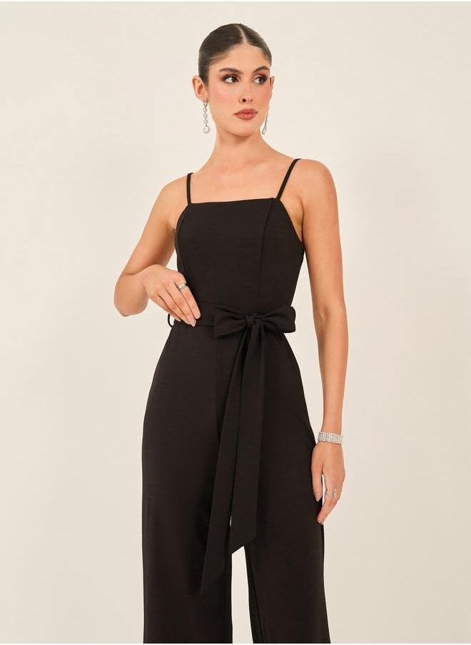 Styli Solid Strappy Wide Leg Jumpsuit with Waist Tie-Up Detail  - Image 2