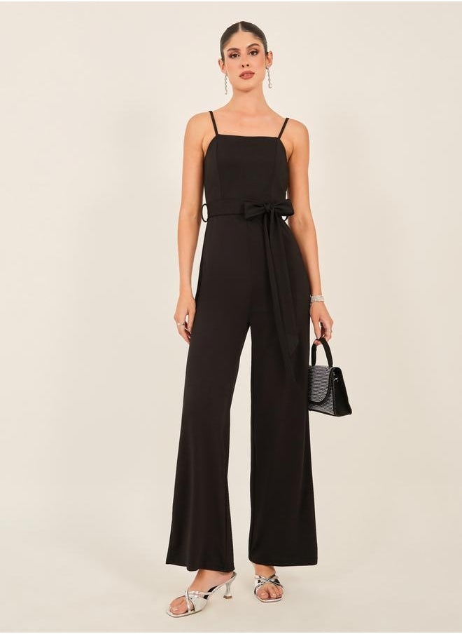 Styli Solid Strappy Wide Leg Jumpsuit with Waist Tie-Up Detail  - Image 1