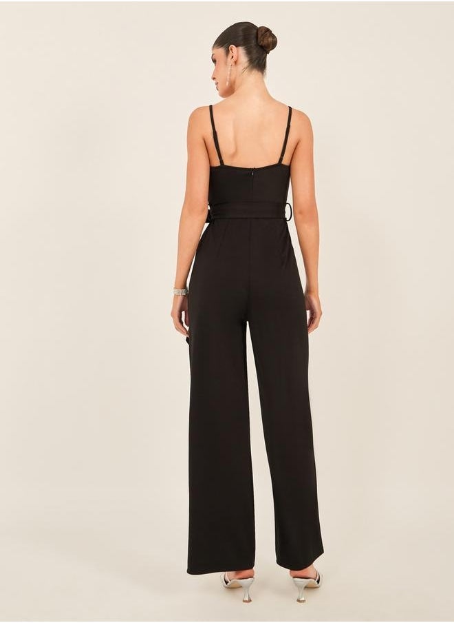 Styli Solid Strappy Wide Leg Jumpsuit with Waist Tie-Up Detail  - Image 4