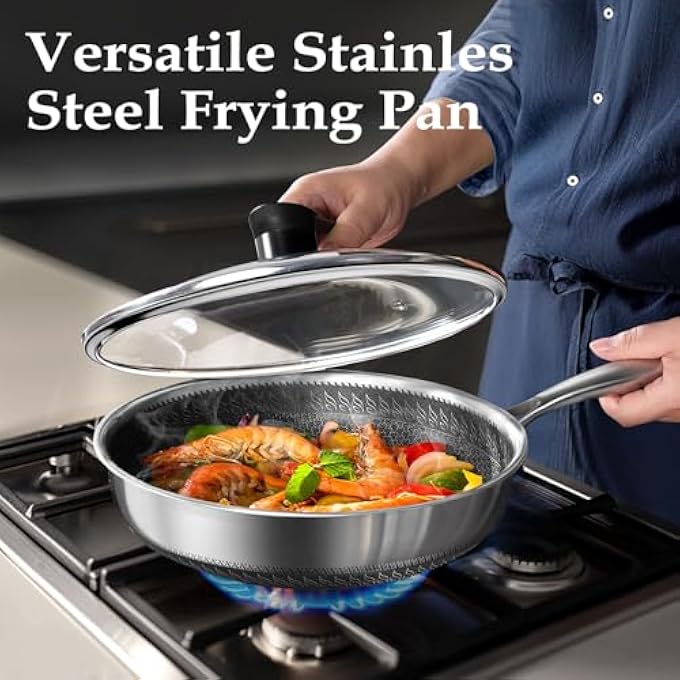 LENND Frying Pan Nonstick With Lid 28Cm Deep Stainless Steel Cookware Saut Pan Skillet Pan With Handle Honeycomb Cooking Pot Dishwasher Safe Wok Pan Compatible With All Cooktops - Image 2