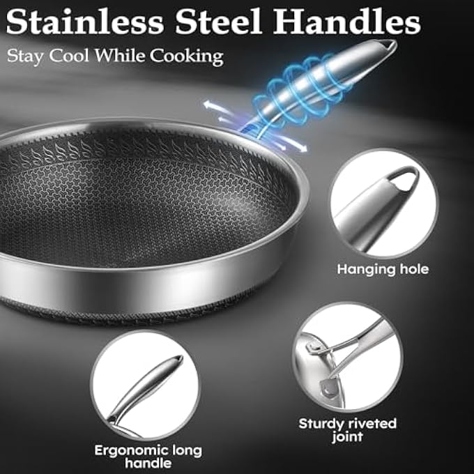 LENND Frying Pan Nonstick With Lid 28Cm Deep Stainless Steel Cookware Saut Pan Skillet Pan With Handle Honeycomb Cooking Pot Dishwasher Safe Wok Pan Compatible With All Cooktops - Image 5