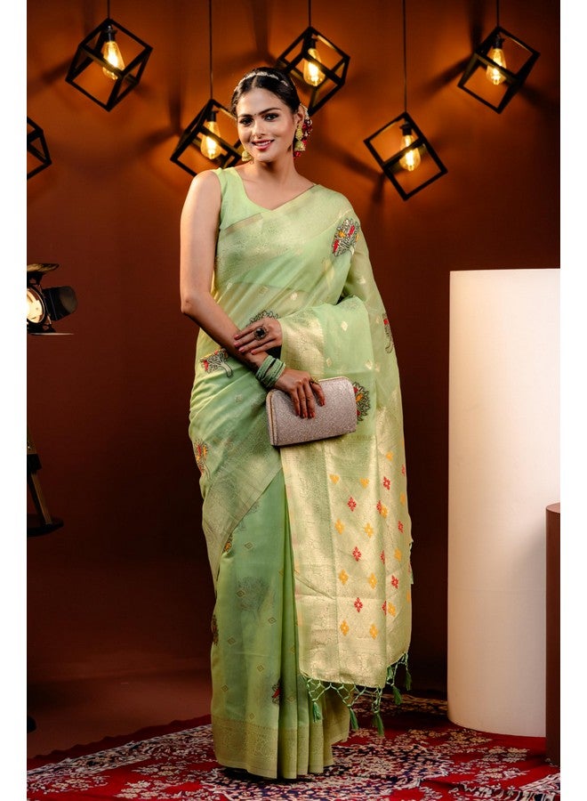 MIMOSA Women's Woven Design Banarasi Style Art Silk Saree With Blouse Piece : Sa00001740Psfree,Pista - Image 2