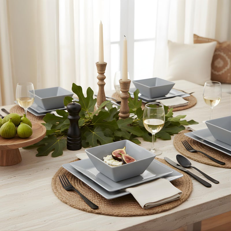 TP 12-Piece Melamine Dinnerware Sets, Plates and Bowls Dishes Set for 4, Break-Resistant & Non-Microwavable, Lightweight Square Dinner Plates, Grey - Image 4