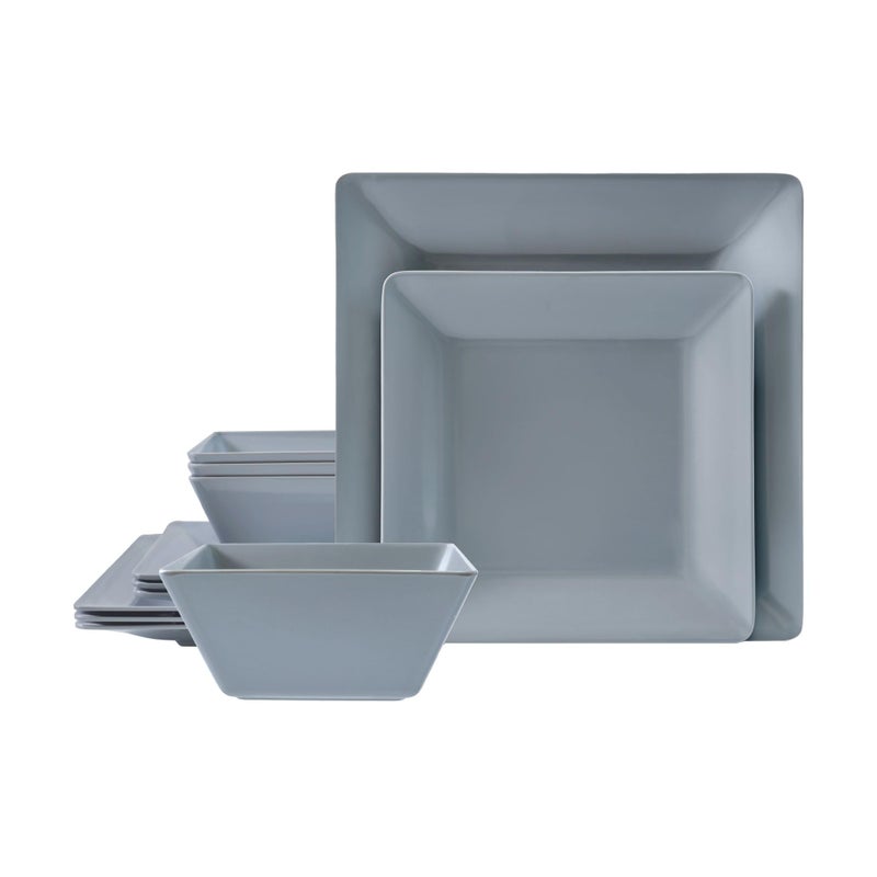 TP 12-Piece Melamine Dinnerware Sets, Plates and Bowls Dishes Set for 4, Break-Resistant & Non-Microwavable, Lightweight Square Dinner Plates, Grey - Image 1