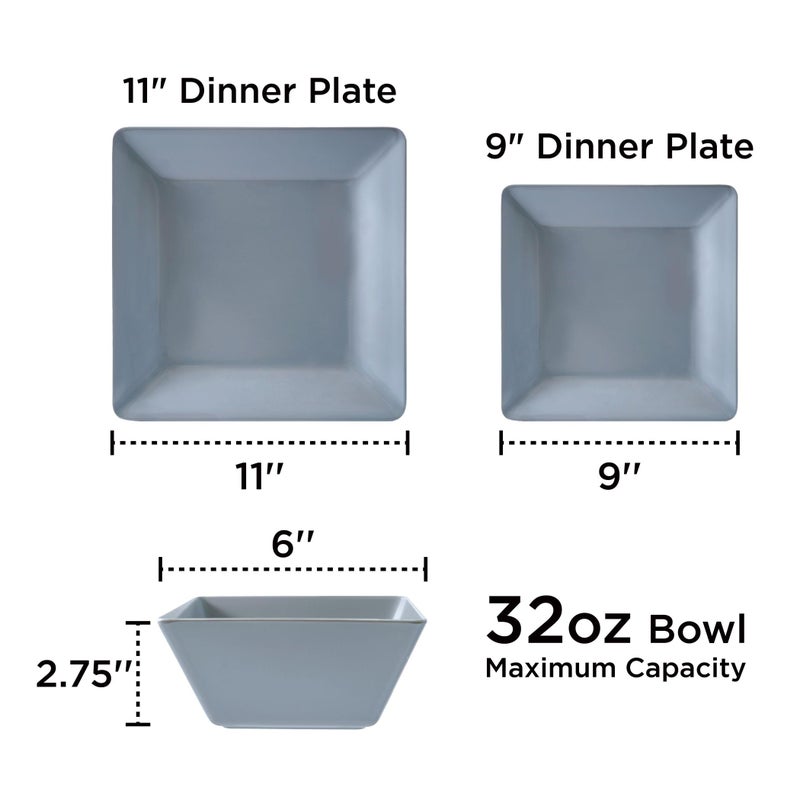 TP 12-Piece Melamine Dinnerware Sets, Plates and Bowls Dishes Set for 4, Break-Resistant & Non-Microwavable, Lightweight Square Dinner Plates, Grey - Image 3