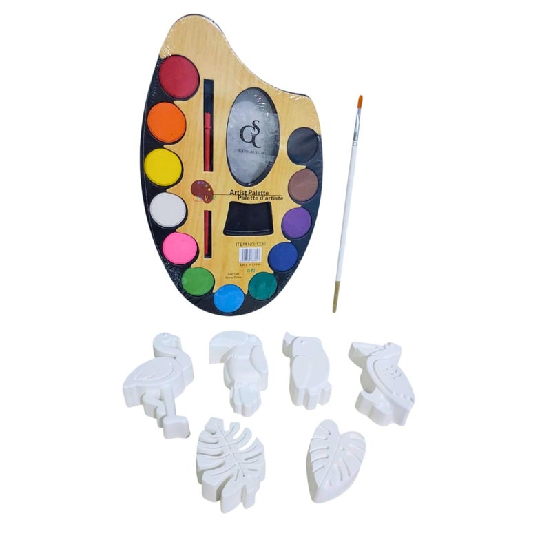 Gypsum Shapes for Coloring (6 Tropical Birds) +12-Color Watercolor Palette + Free Bonus Brush.‎ Complete Art Set to Replace Screens and Develop Children's Skills and Focus.