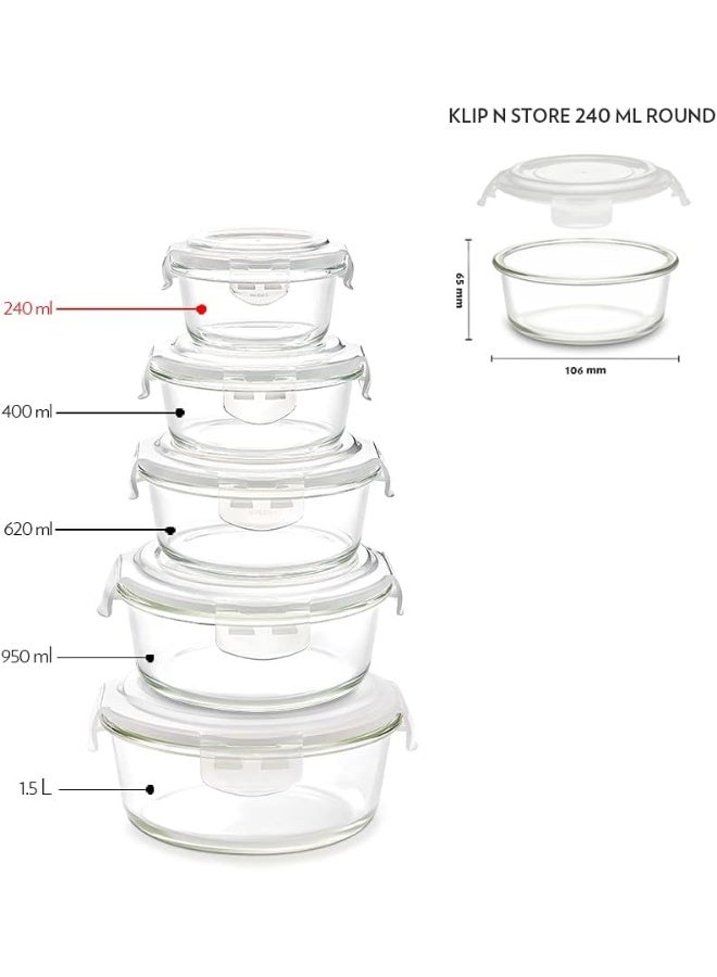 Borosil Klip-N-Store Round Glass Storage Container with Air Tight Lid Food Storage Container Microwave Safe Container 240 ML Transparent - Image 2