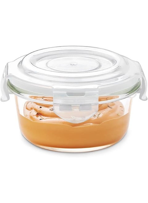 Borosil Klip-N-Store Round Glass Storage Container with Air Tight Lid Food Storage Container Microwave Safe Container 240 ML Transparent
