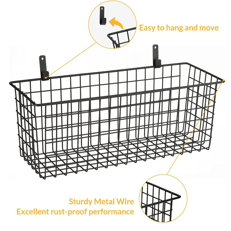 KINLINK 2 Sets Extra Large Hanging Wall Basket, Black Metal Wire Baskets with Steel Hooks for Organizing, WallmountedFruit Vegetable Toy Snack Storage, Home Kitchen Bathroom Laundry Pantry Organizer - Image 3
