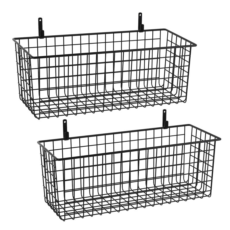 KINLINK 2 Sets Extra Large Hanging Wall Basket, Black Metal Wire Baskets with Steel Hooks for Organizing, WallmountedFruit Vegetable Toy Snack Storage, Home Kitchen Bathroom Laundry Pantry Organizer - Image 1