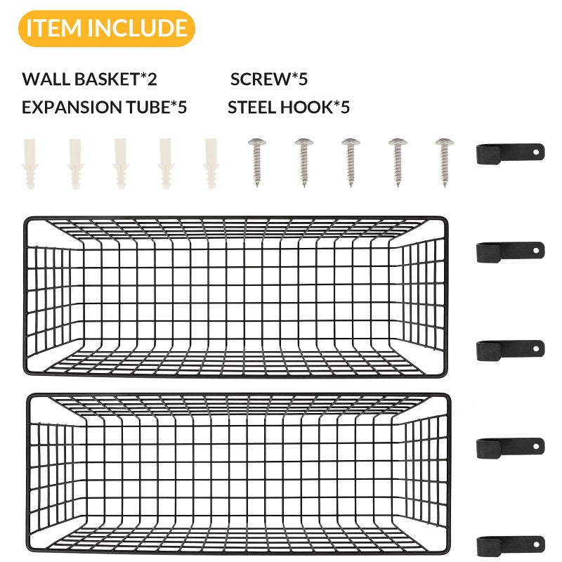 KINLINK 2 Sets Extra Large Hanging Wall Basket, Black Metal Wire Baskets with Steel Hooks for Organizing, WallmountedFruit Vegetable Toy Snack Storage, Home Kitchen Bathroom Laundry Pantry Organizer - Image 4