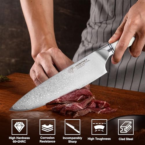 howfrey Damascus Chef Knife 8 Inch, 67-Layer Japanese Kitchen Knives Sharp VG-10 High Carbon Stainless Steel with Ergonomic Pakkawood Handles, Elegant Gift Box Packaging for Home and Kitchen - Image 5