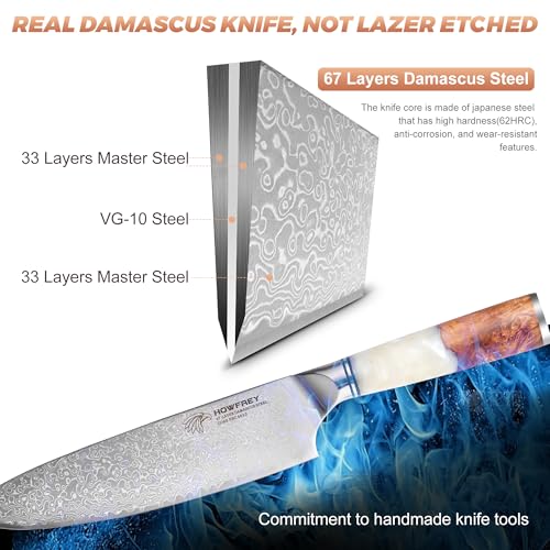 howfrey Damascus Chef Knife 8 Inch, 67-Layer Japanese Kitchen Knives Sharp VG-10 High Carbon Stainless Steel with Ergonomic Pakkawood Handles, Elegant Gift Box Packaging for Home and Kitchen - Image 3