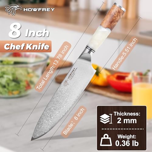 howfrey Damascus Chef Knife 8 Inch, 67-Layer Japanese Kitchen Knives Sharp VG-10 High Carbon Stainless Steel with Ergonomic Pakkawood Handles, Elegant Gift Box Packaging for Home and Kitchen - Image 2