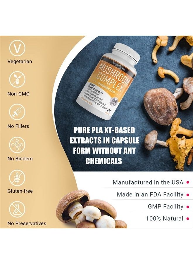 Simple-Organics - Mushroom Complex, 10 Mushroom Blend for Energy and Immune Support, with Organic Lion's Mane, Cordyceps, Reishi, Chaga, Maitake, Shiitake, Enoki, 2600mg per Serving, 120 Vegan Capsules - Image 1