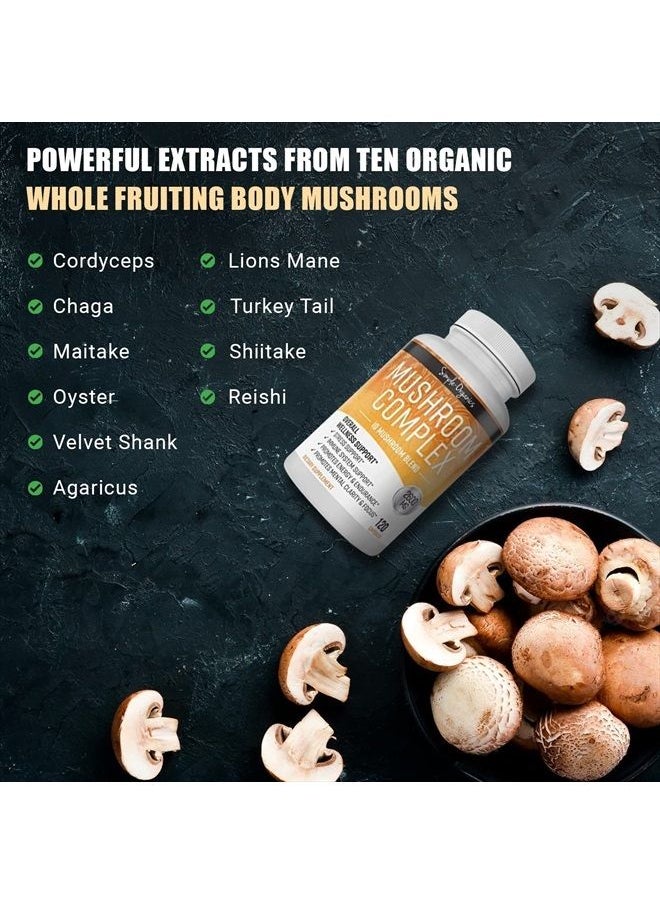 Simple-Organics - Mushroom Complex, 10 Mushroom Blend for Energy and Immune Support, with Organic Lion's Mane, Cordyceps, Reishi, Chaga, Maitake, Shiitake, Enoki, 2600mg per Serving, 120 Vegan Capsules - Image 1