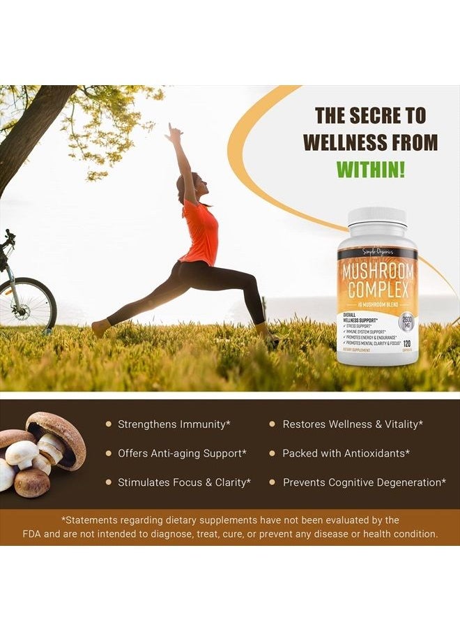 Simple-Organics - Mushroom Complex, 10 Mushroom Blend for Energy and Immune Support, with Organic Lion's Mane, Cordyceps, Reishi, Chaga, Maitake, Shiitake, Enoki, 2600mg per Serving, 120 Vegan Capsules - Image 1