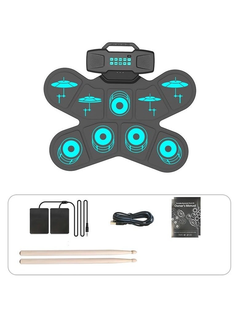 WALALLA Electronic Drum Sets, Portable 9-Pads Electronic Drum Set with USB MIDI Connectivity and Drum Sticks Foot Pedals, Built-in Stereo Dual Speakers for Beginner for Kids New Years & Birthday Gift - Image 1