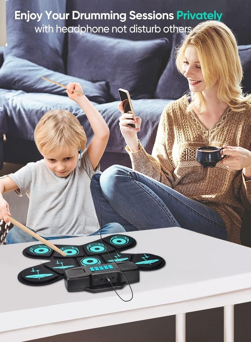 WALALLA Electronic Drum Sets, Portable 9-Pads Electronic Drum Set with USB MIDI Connectivity and Drum Sticks Foot Pedals, Built-in Stereo Dual Speakers for Beginner for Kids New Years & Birthday Gift - Image 5