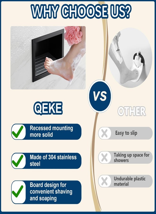 Qeke Shower Foot Rest for Shaving Legs, 304 Stainless Steel Footrest Niche with Shaving Holder, Recessed Shower Step for Shaving Legs, Matte Black - Image 4
